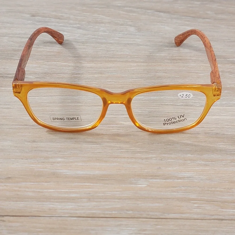 Joy Mangano Women Amber Reading Glasses +2.50 Wood Grain Spring Temple UV New